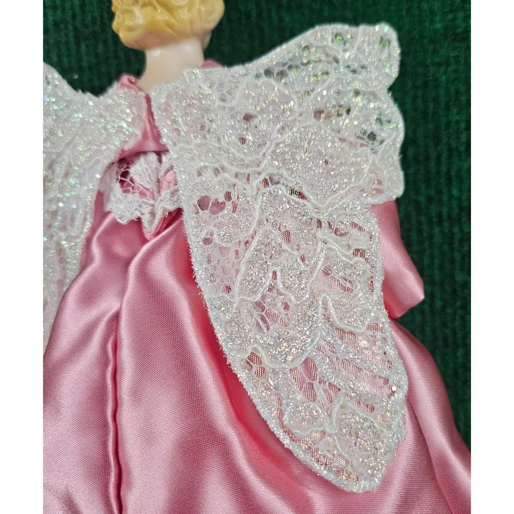 Pink Angel Doll Porcelain Head Lace Wings Christmas‎ Ornament Tree Topper